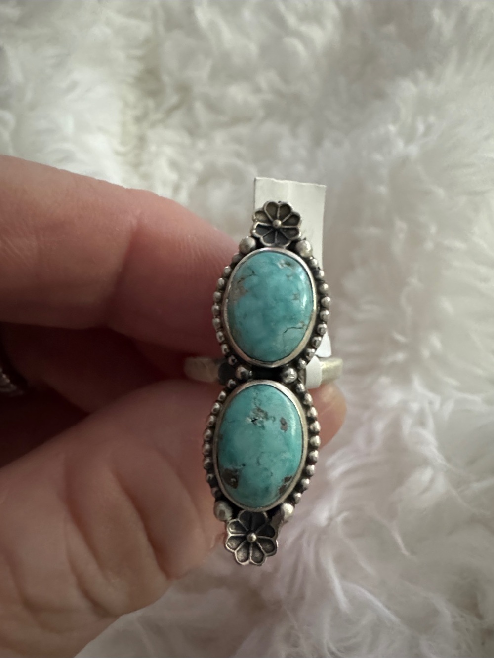 Native made White Water Sterling Silver Turquoise Double Stone Floral Ring